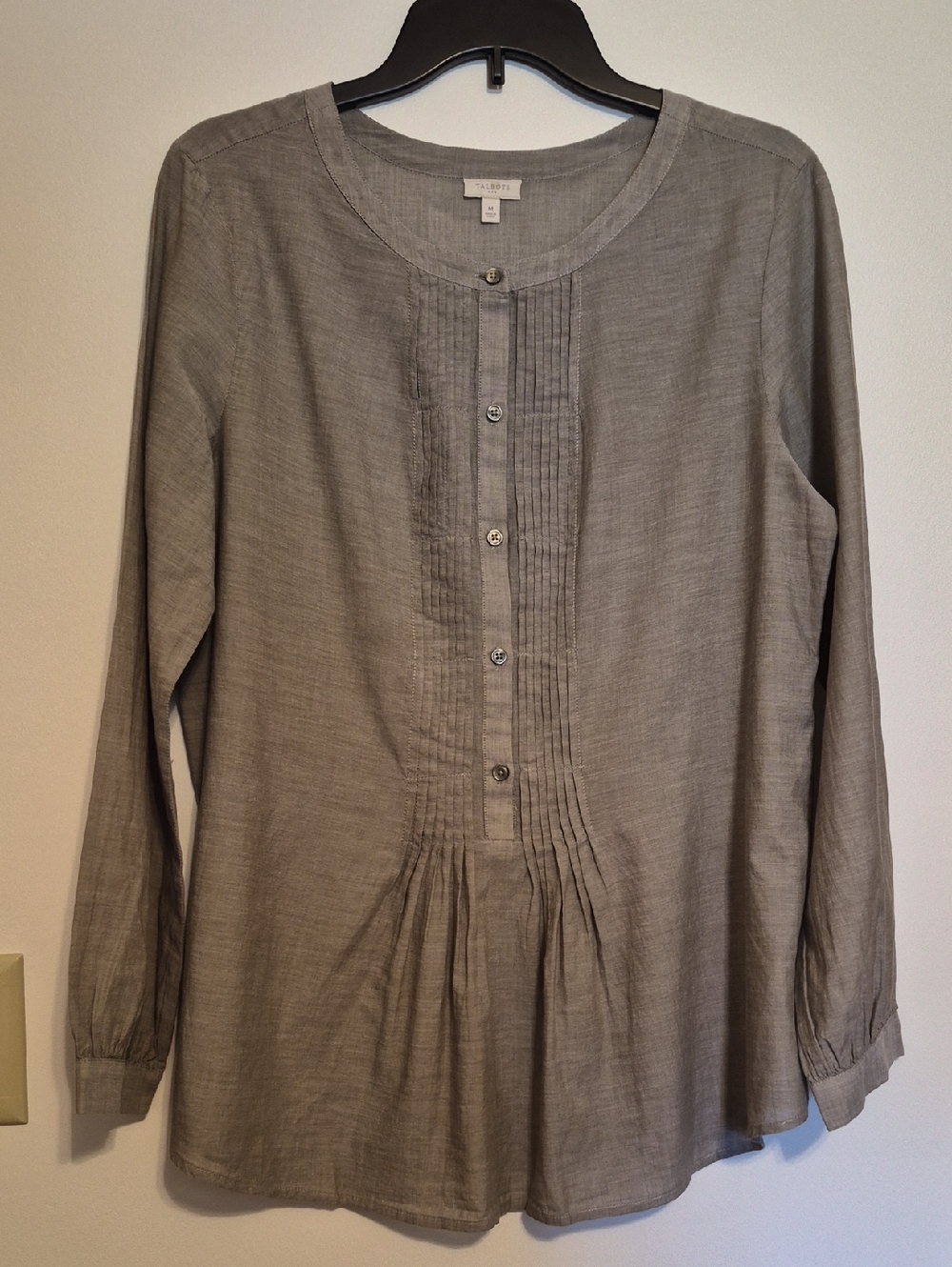 Talbots Green  Long-Sleeve Pintuck Button-Front Tunic Top SZ M